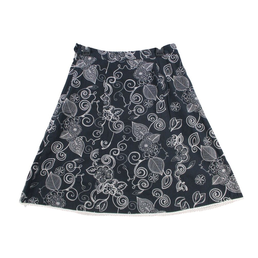 Floral Embroidered A-Line‎ Skirt With Lace Hem Black & White Womens Size 14